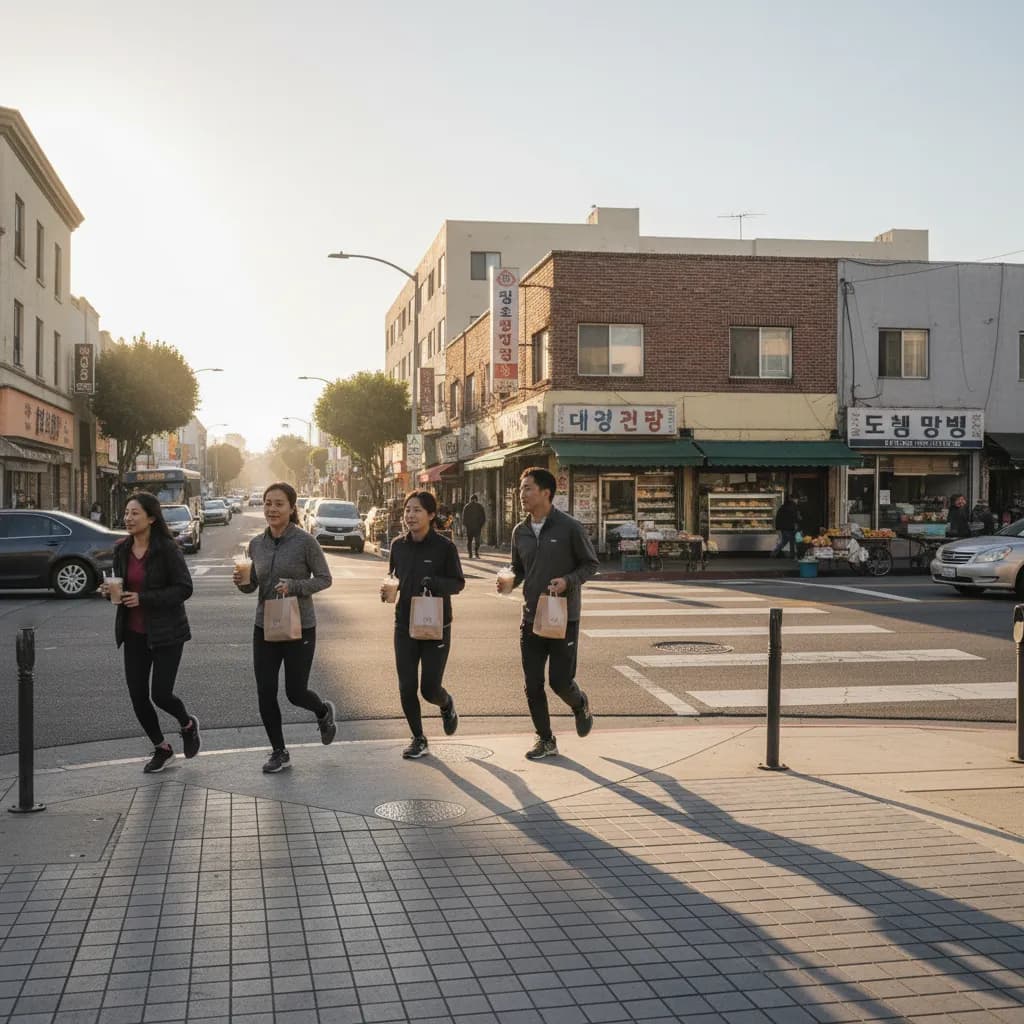 Photorealistic editorial scene for Koreatown Breakfast Runs Before Commuter Crowds Take Over Guide in Los Angeles.