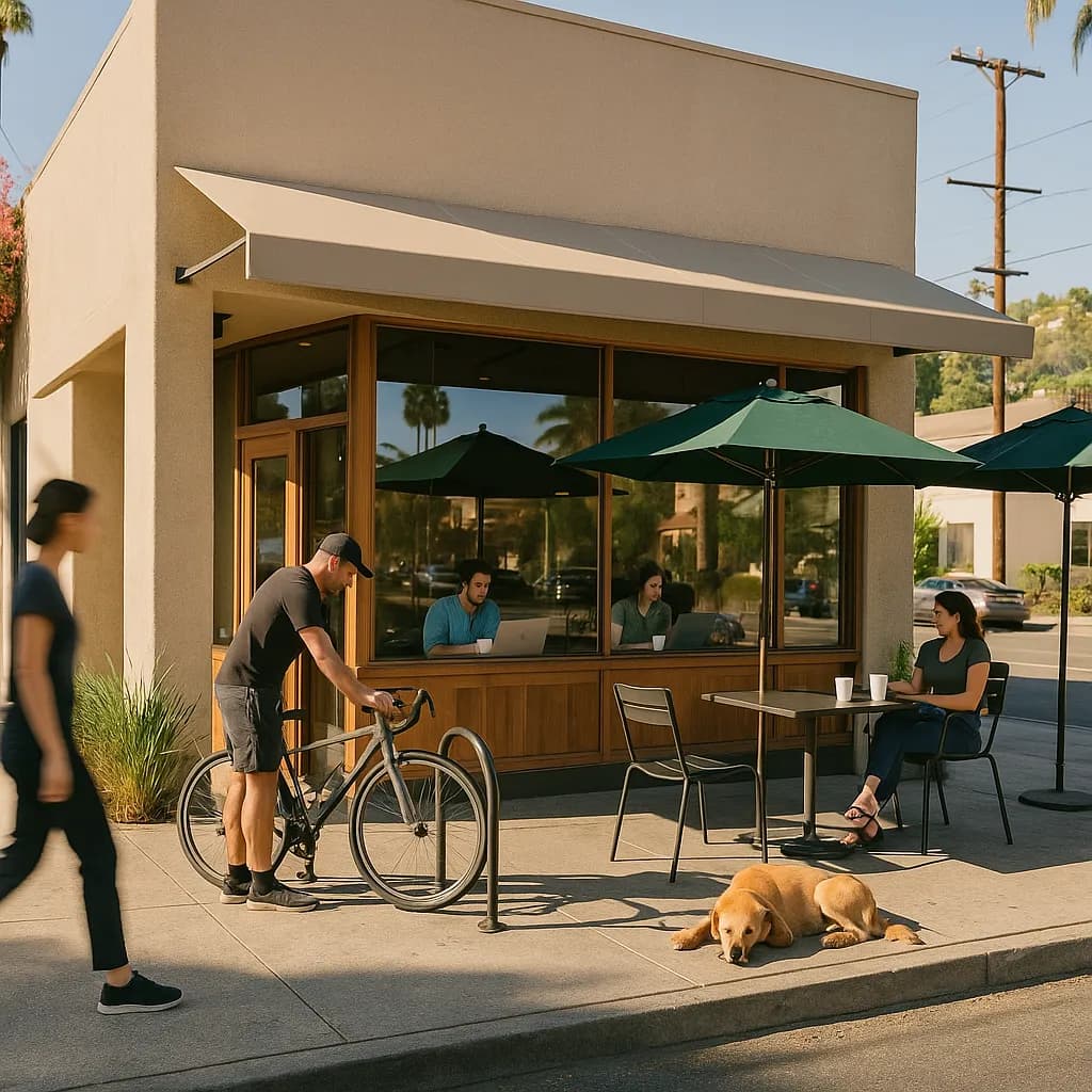 Photorealistic editorial scene for Starbucks Near Silver Lake With Seating and Outlets in Los Angeles.