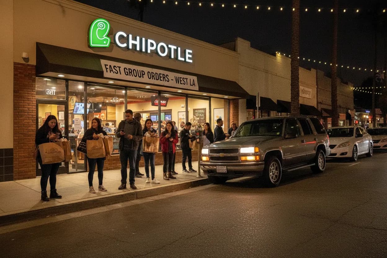 Photorealistic editorial scene for Chipotle Near West LA for Fast Group Orders in Los Angeles.