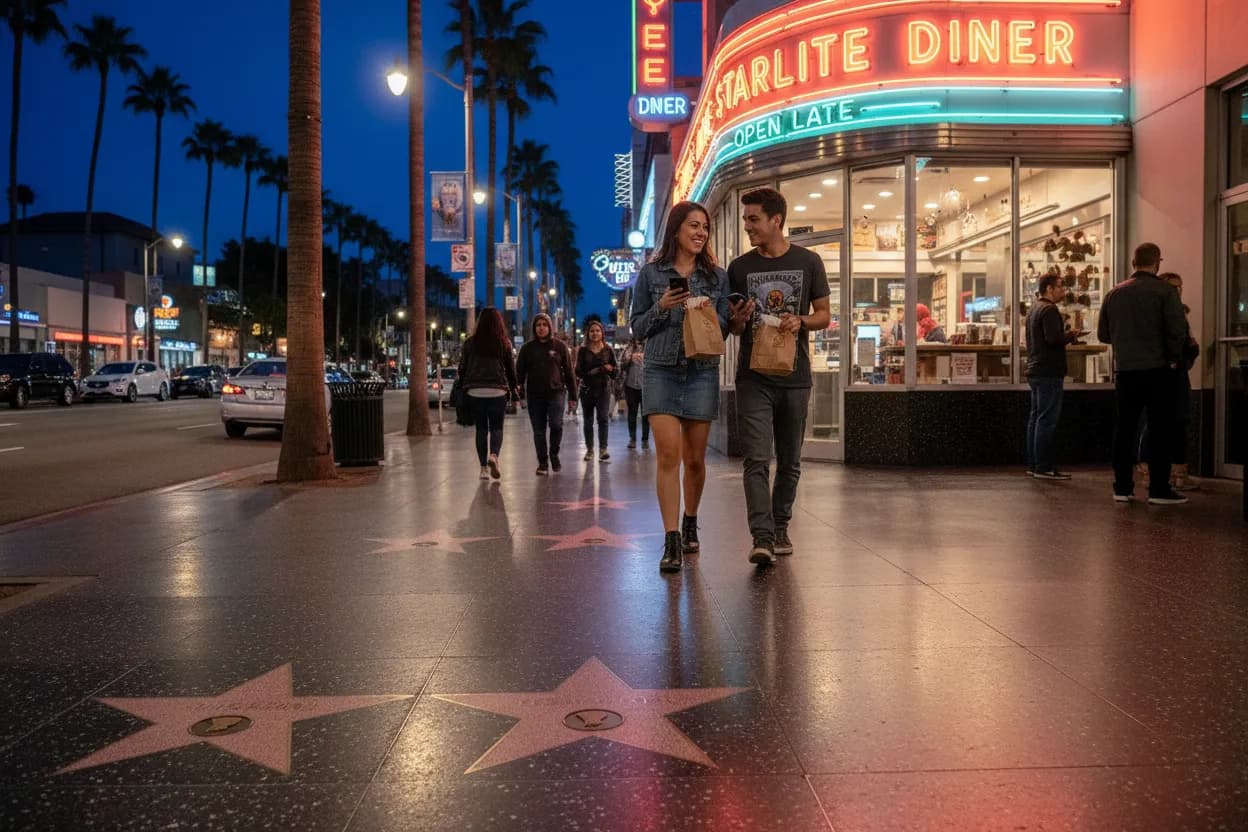 Photorealistic editorial scene for Hollywood Late Bites Reachable Without Calling a Car in Los Angeles.
