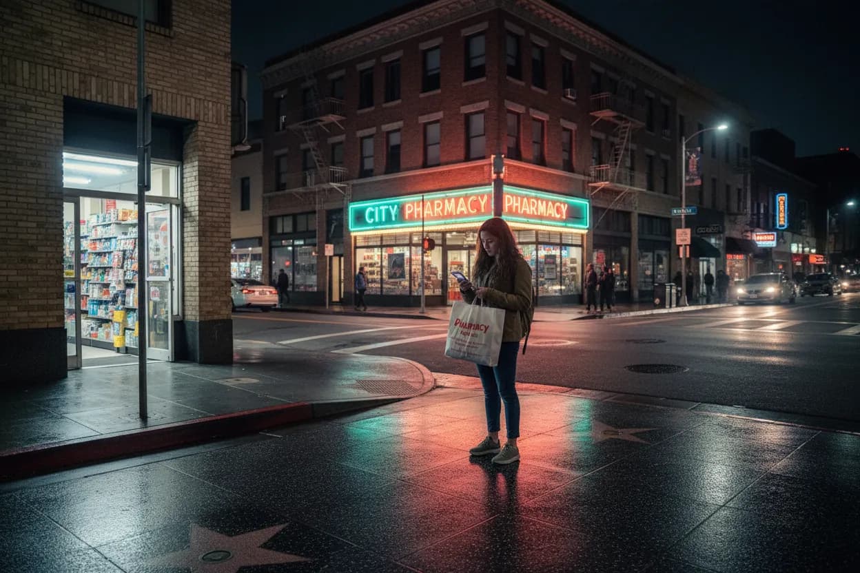 Photorealistic editorial scene for Downtown LA Late Pharmacy Runs With Practical Backup Options Guide in Los Angeles.