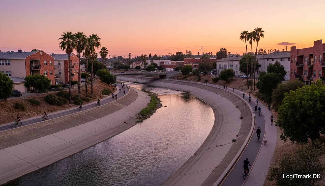 Photorealistic editorial scene for Best Sunset Routes Along LA River Paths This Summer in Los Angeles.