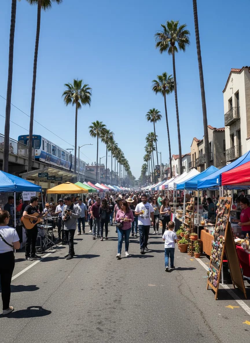 Photorealistic editorial scene for Street Fairs Near West LA With Easy Transit in Los Angeles.