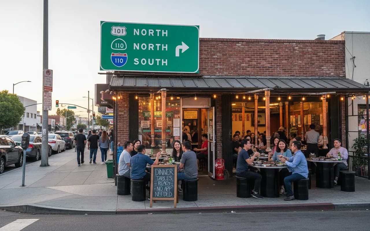 Photorealistic editorial scene for Koreatown Dinner Tables When Reservation Apps Show Nothing Guide in Los Angeles.