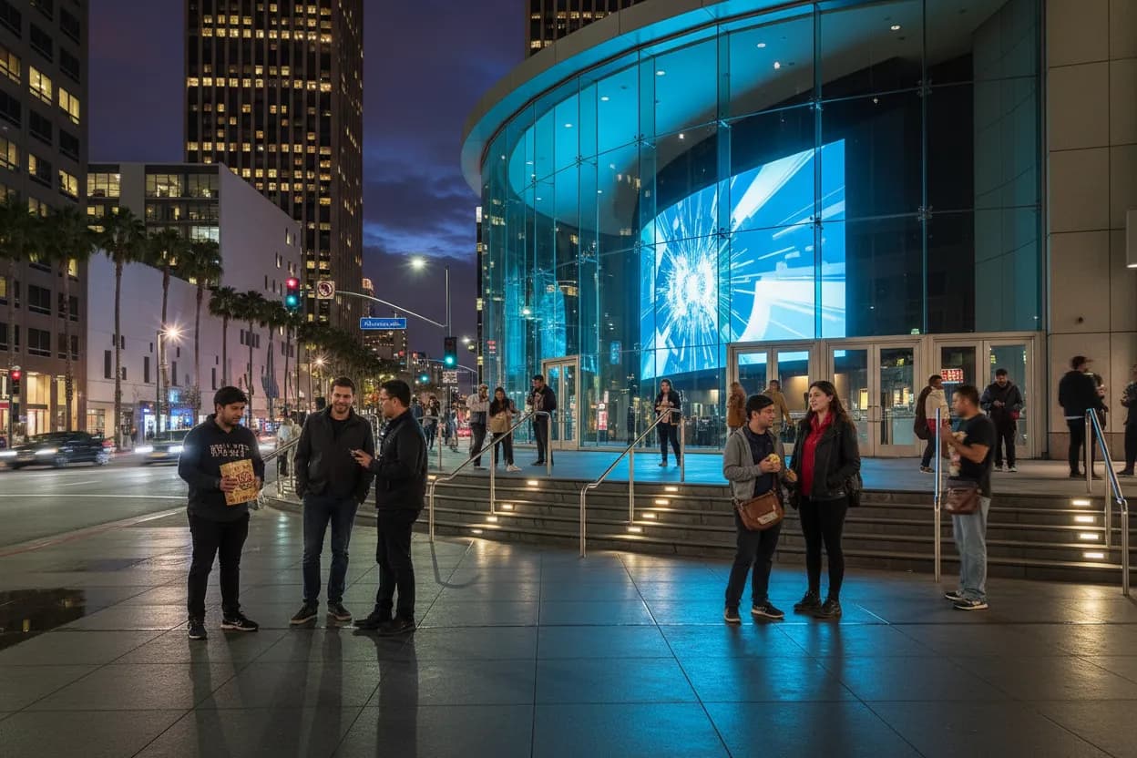 Photorealistic editorial scene for IMAX Movie Night Plans Near Hollywood in Los Angeles in Los Angeles.