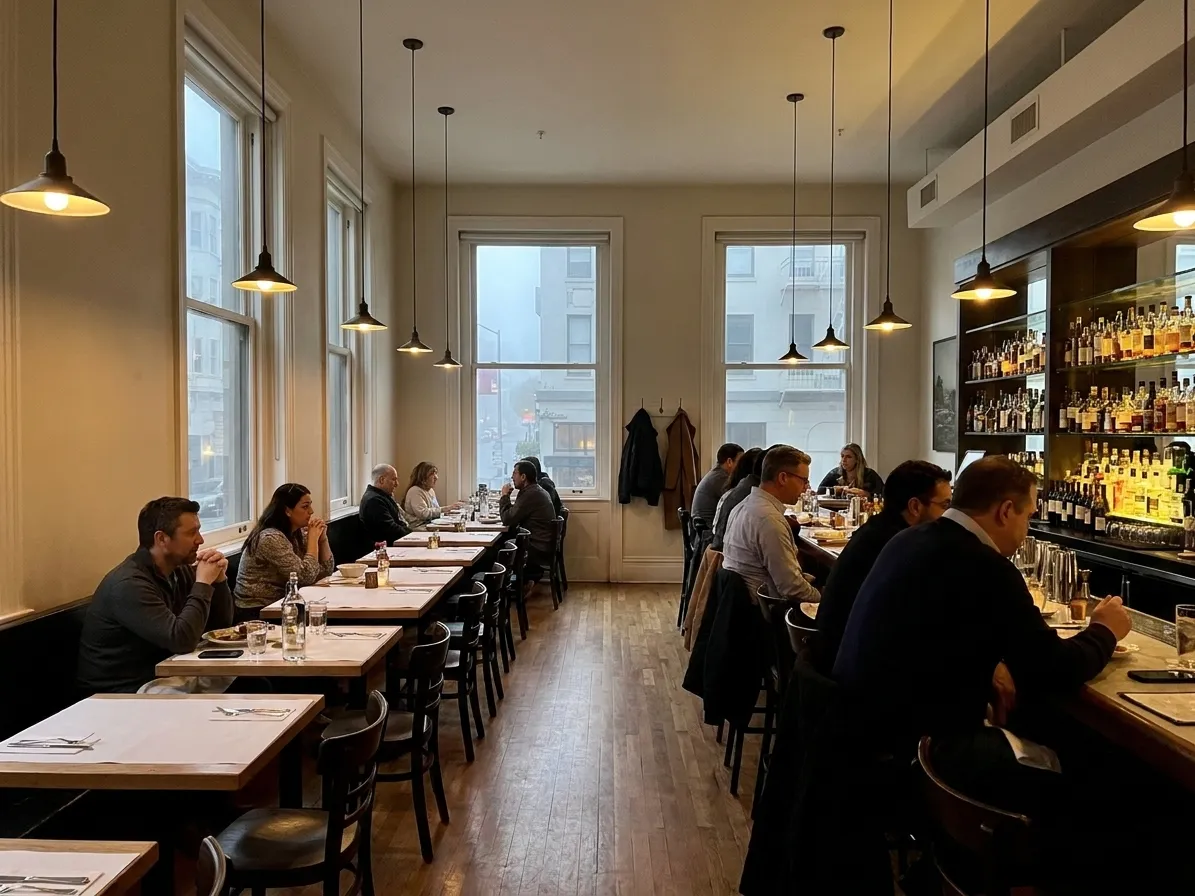 A half-full San Francisco dining room early in the evening, with paper-topped tables, a lit back bar and fog-grey light in the sash windows