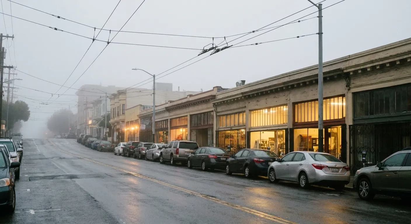 A San Francisco commercial street on a damp weekday evening, sloping uphill between lit storefronts with trolley wires overhead