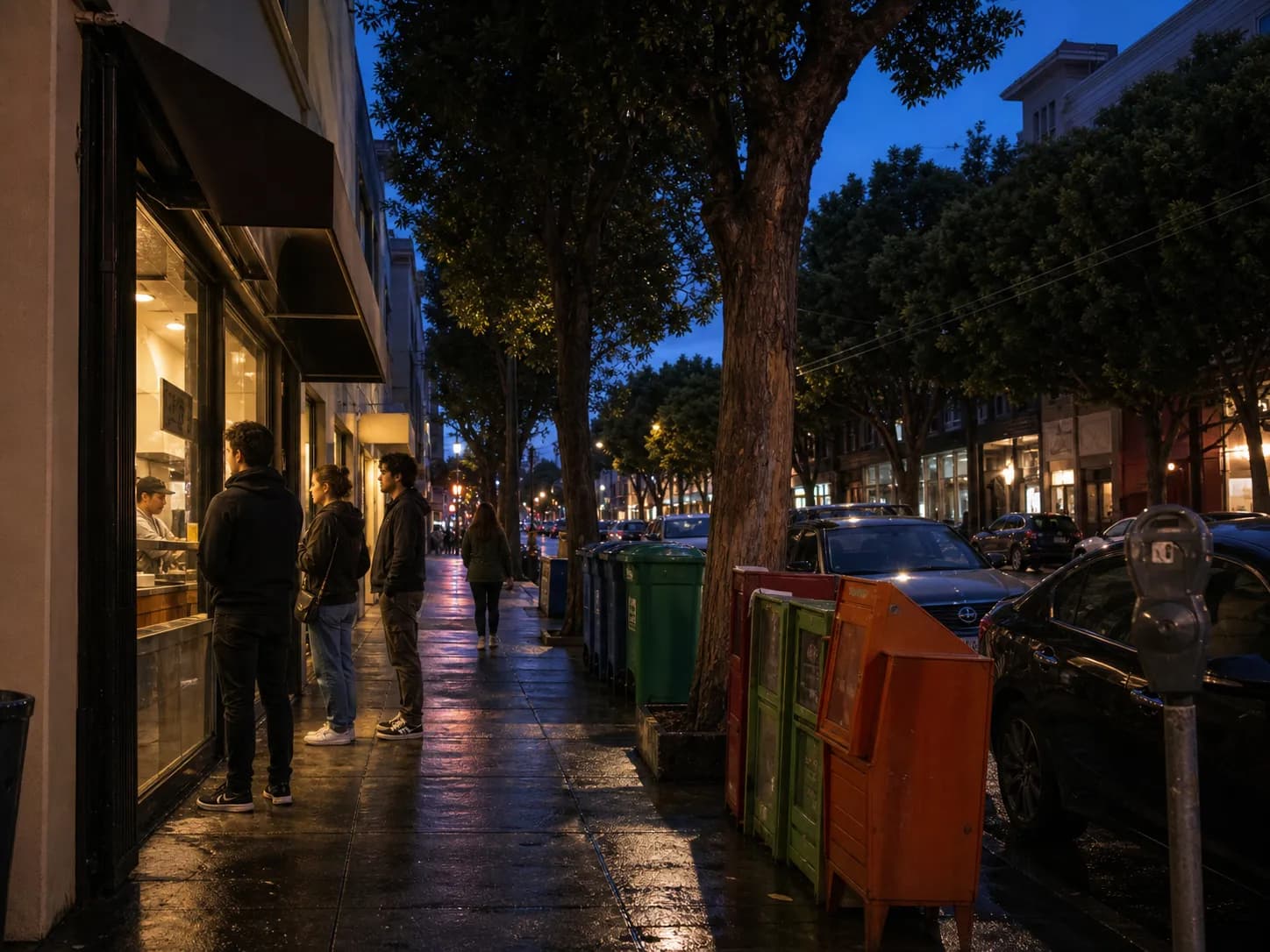 A low-rise Hayes Valley block in San Francisco at dusk, with warm light spilling from a small counter-service restaurant onto a damp sidewalk