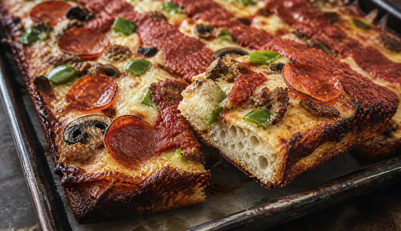 Close overhead crop of a rectangular Detroit-style pan pizza on a dark steel tray, cheese caramelized into a crisp frico rim, stripes of red sauce across the top
