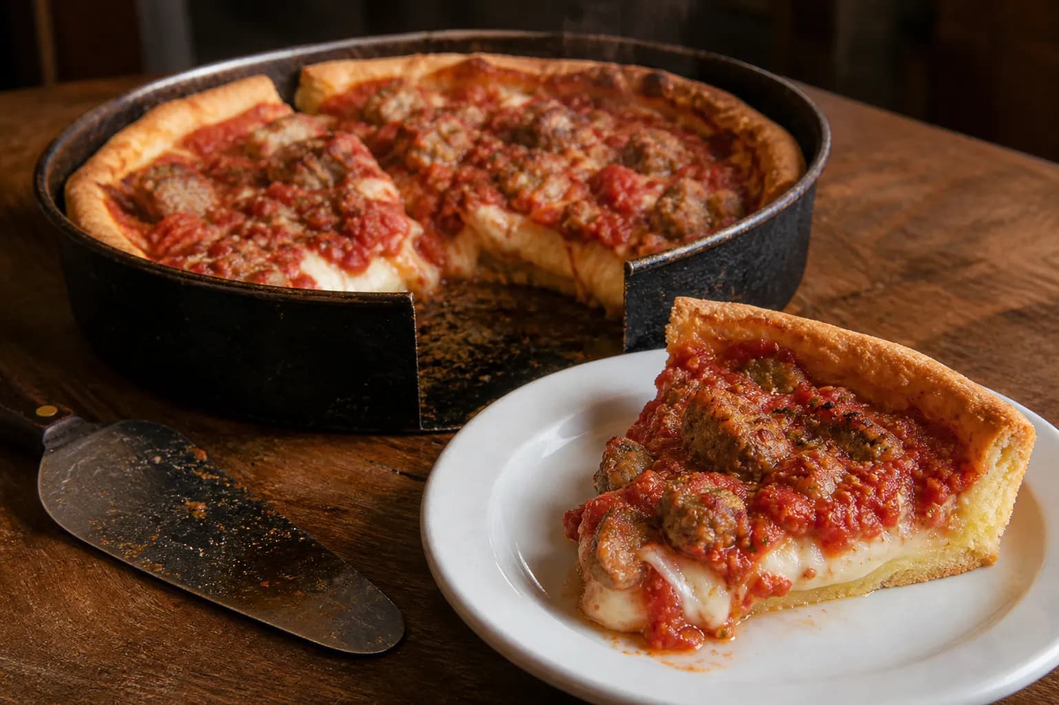 Chicago-style deep dish pizza in a blackened cast iron pan on a wooden table, one wedge lifted onto a white plate showing the tall crust wall and molten cheese layer