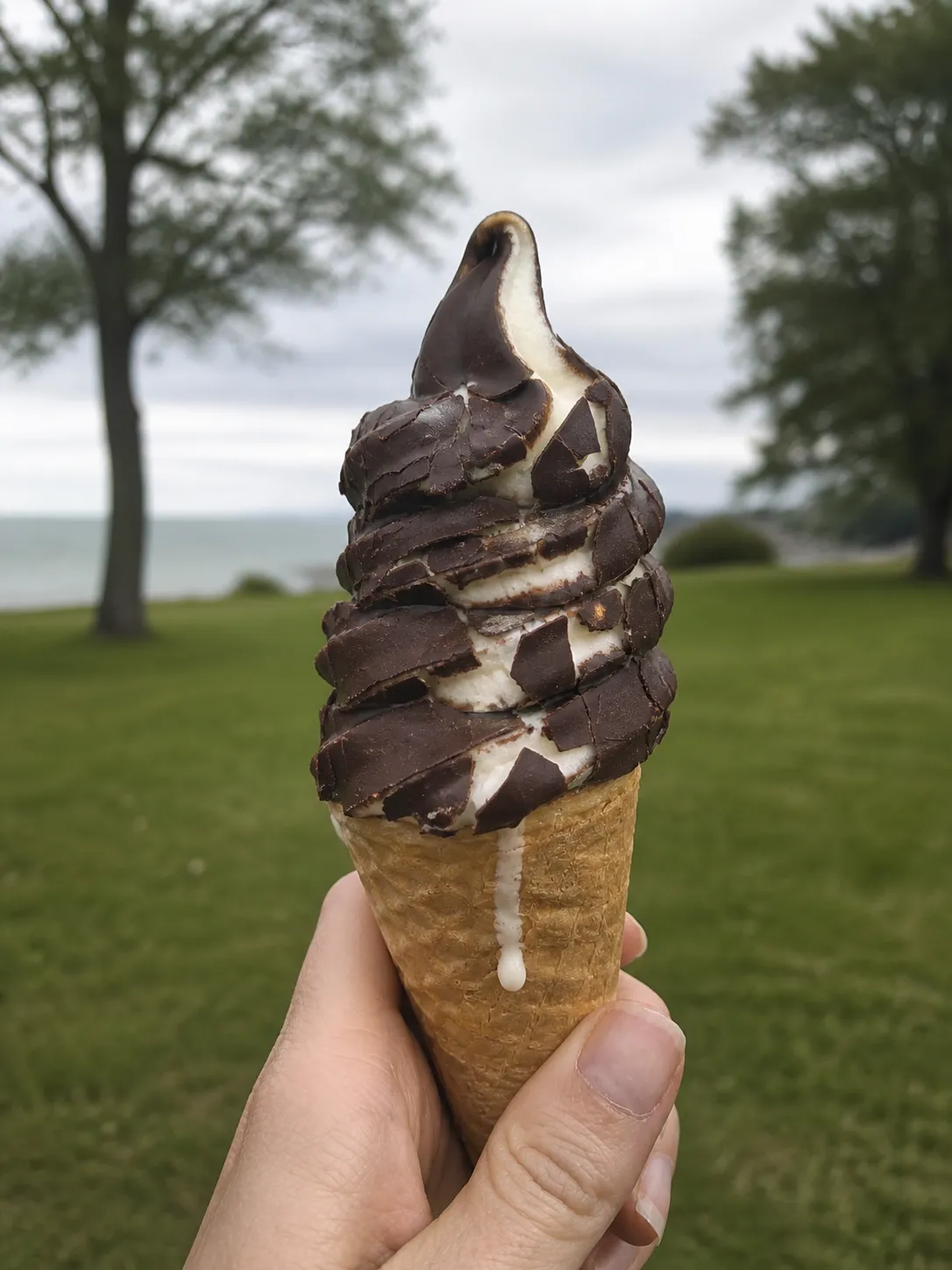 Close-up of a vanilla soft serve cone coated in a cracked dark chocolate hard shell, held up against a blurred green park lawn on an overcast San Francisco afternoon