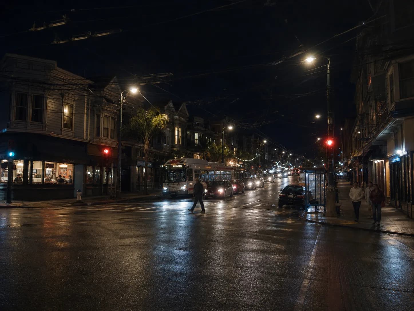 A San Francisco hillside intersection just after midnight with wet asphalt reflecting streetlights, a lit corner diner window, a bus shelter and a few people walking home in jackets