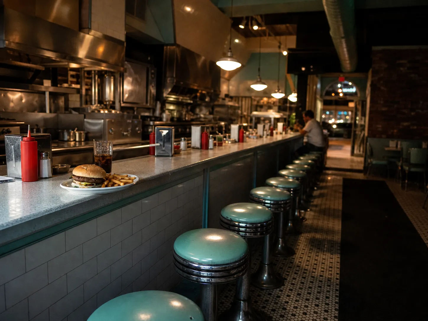 Interior of a small vintage American diner at two in the morning, with a long formica counter, chrome and vinyl swivel stools, a napkin dispenser and a plated burger under mixed fluorescent and warm bulb light