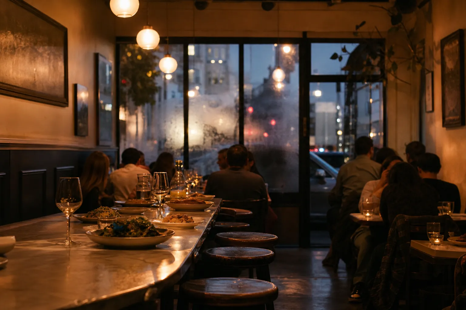 Warm tungsten-lit marble walk-in counter in a small San Francisco neighborhood restaurant at dinner time
