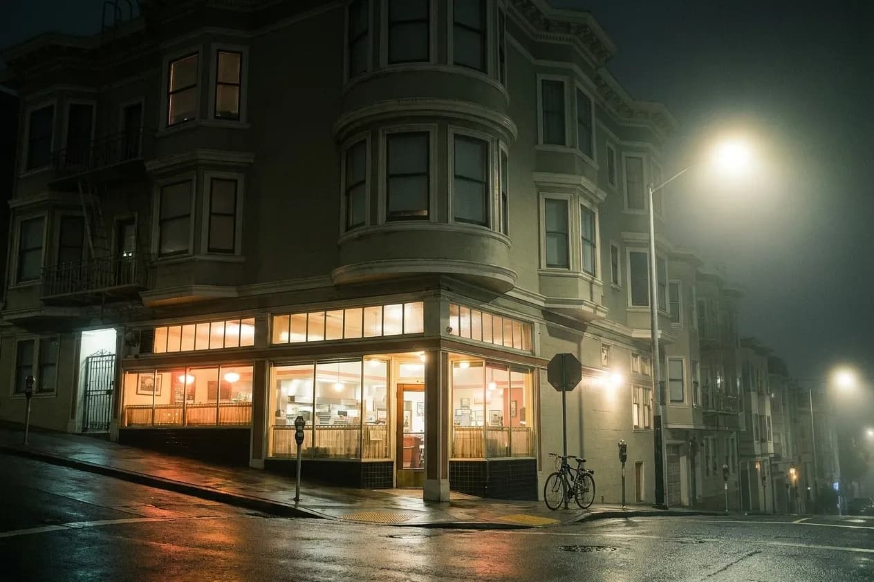 A San Francisco corner diner at 3am with warm light on a wet sloping pavement, fog around a streetlight and a bicycle locked to a meter