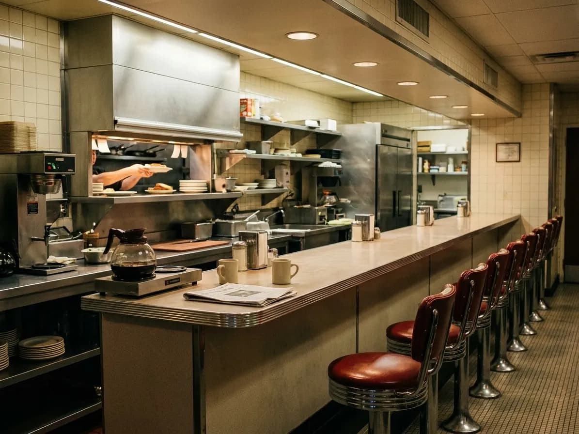 A narrow diner counter late at night with chrome stools, a coffee pot on a warmer and a cook's hands visible at the steel pass