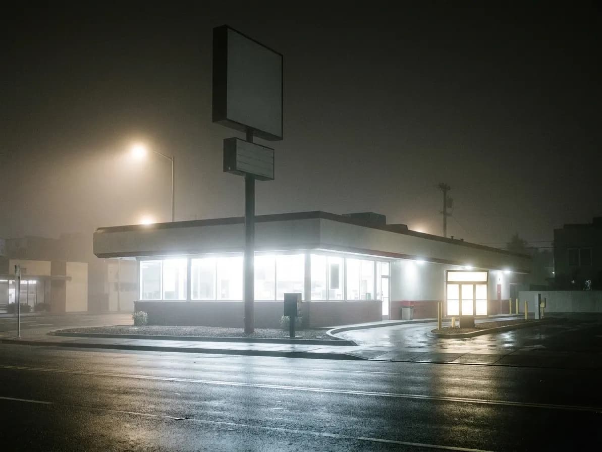 A lit fast-food frontage on a wide San Francisco street at two in the morning, its window band glowing white beside an empty drive-thru lane, with wet asphalt reflecting the light and fog haloing a streetlamp
