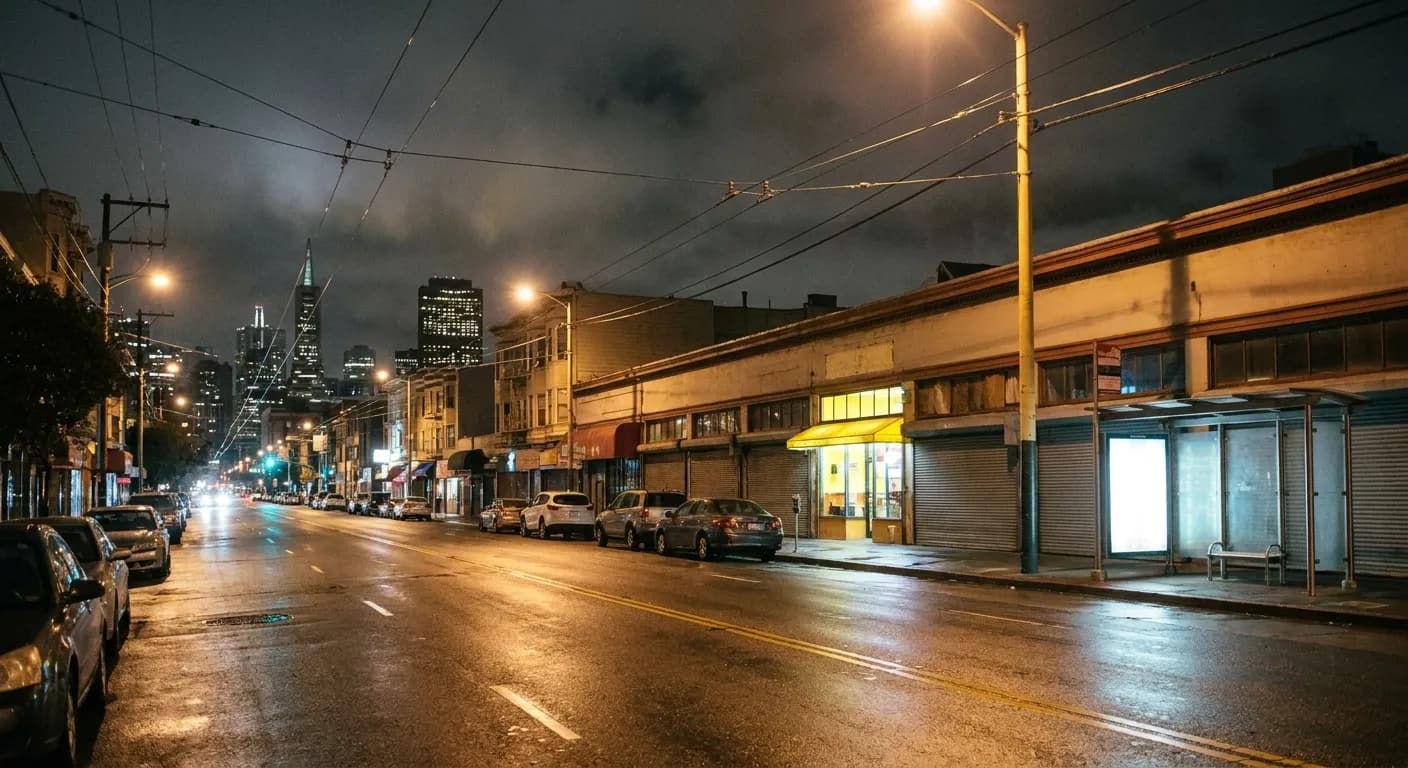Mission Street in San Francisco after midnight, a wet four-lane road running toward downtown past a lit bus shelter and shuttered storefronts, with one taqueria window still bright mid-block