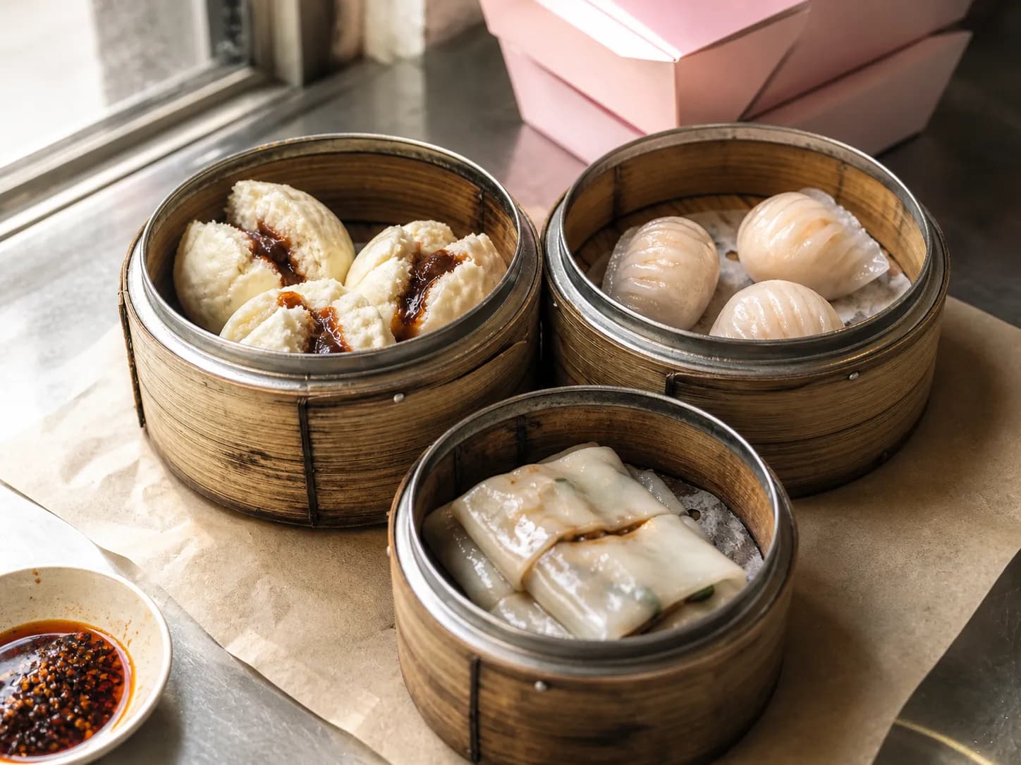 Overhead close-up of stacked bamboo steamer baskets holding barbecue pork buns and shrimp dumplings on a paper-lined bakery takeout counter