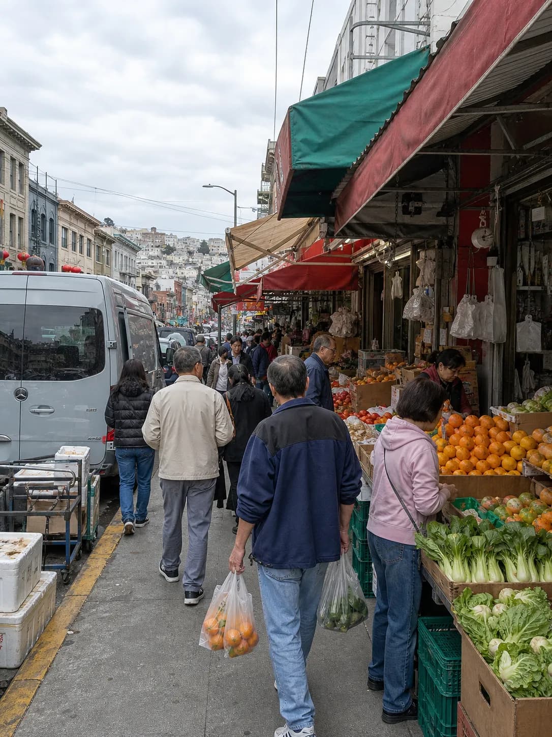 Wide midday view of a crowded Chinatown produce block with crates of vegetables on the sidewalk, fabric awnings and shoppers carrying bags