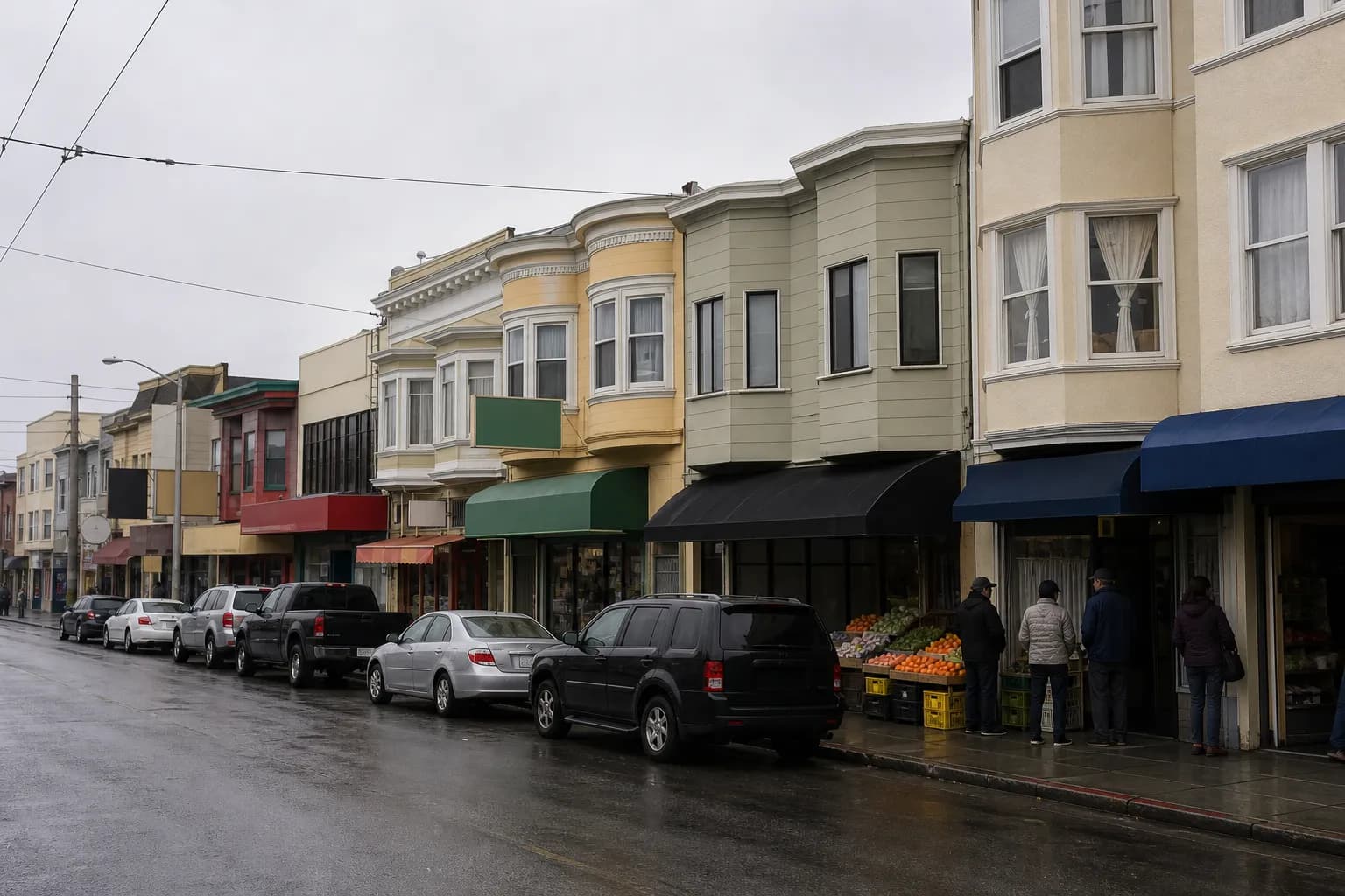 Overcast weekday afternoon on a low-rise San Francisco commercial street with awnings, parked cars, trolley wires overhead and produce crates stacked outside a grocer