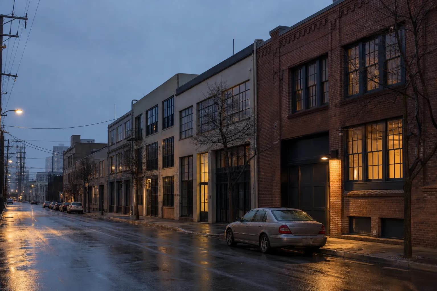 A wide South of Market San Francisco block at blue-hour dusk with low brick and stucco industrial buildings, wet asphalt and warm window light on the sidewalk