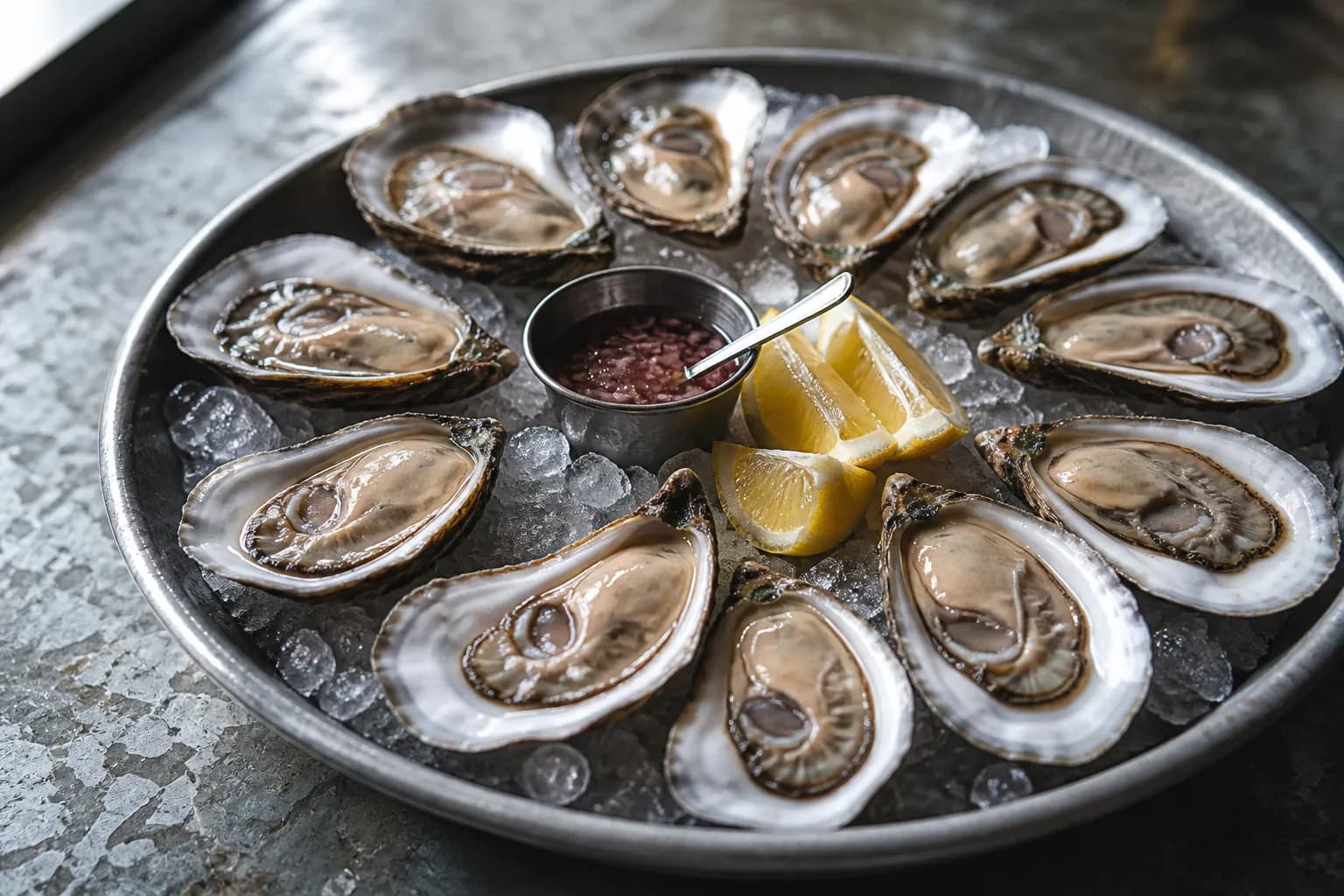 Freshly shucked raw oysters on crushed ice on a metal tray with lemon wedges, on a zinc bar top in late afternoon light