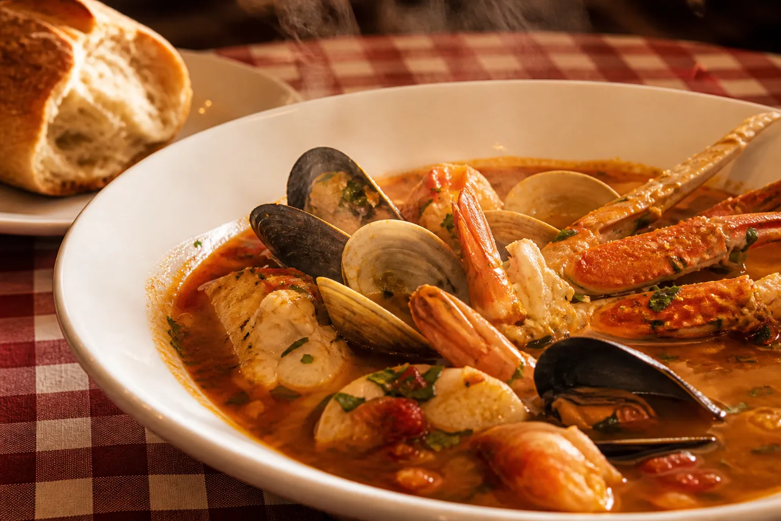 A wide white bowl of tomato-broth cioppino with crab legs, clams, mussels and prawns beside torn sourdough on a red checked tablecloth