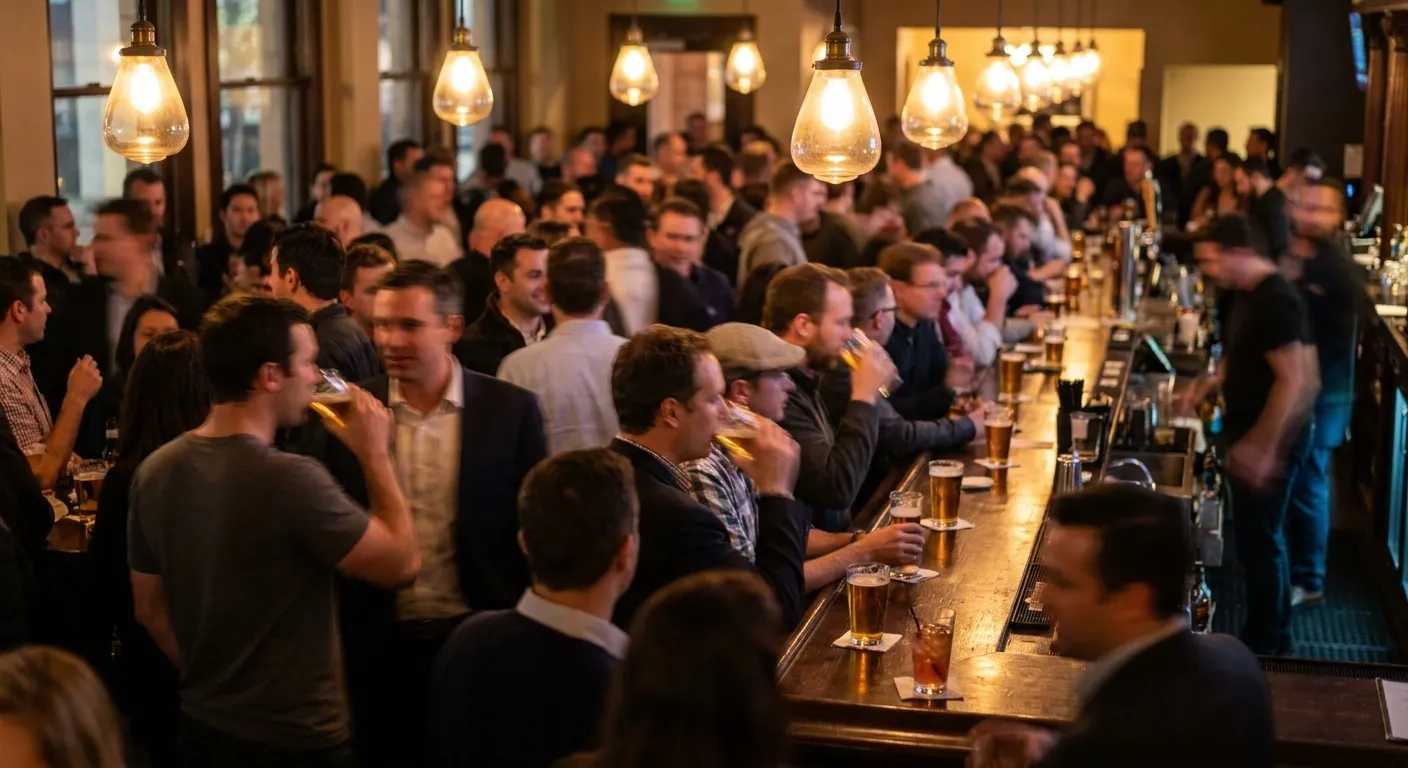 A crowded downtown San Francisco bar just after work with standing drinkers three deep at a long bar and jackets over arms