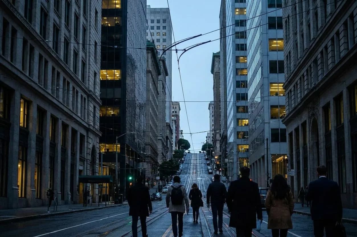A San Francisco Financial District street at six in the evening with tall stone facades in shadow and a steep hill visible at the end of the block