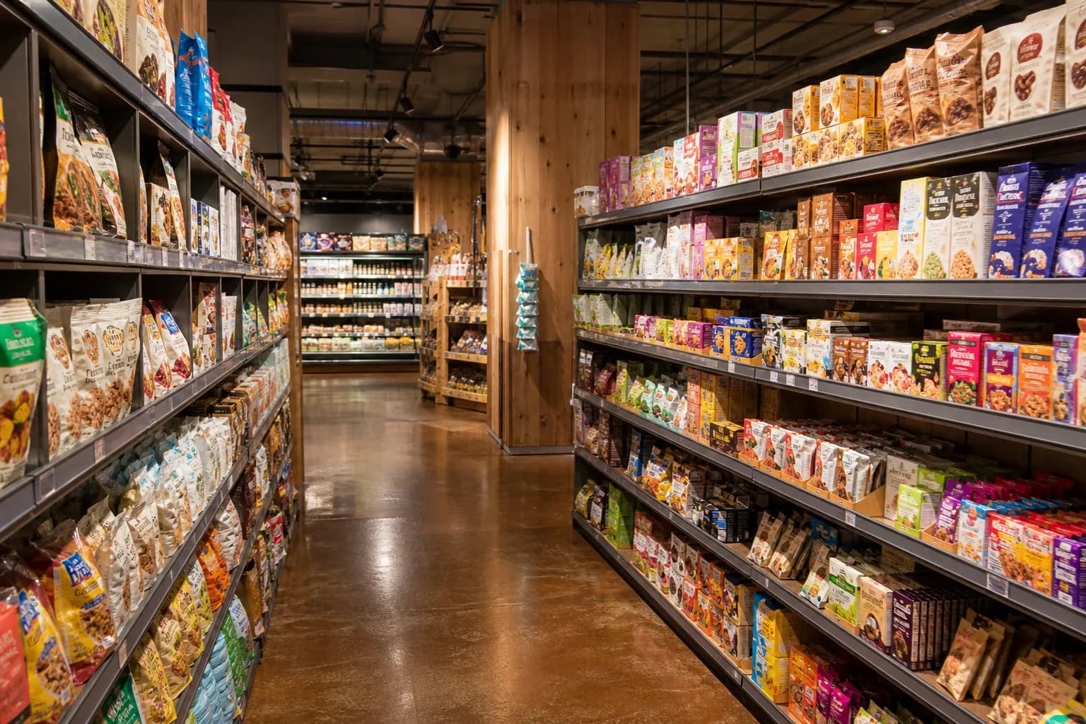 Quiet, organized shopping aisles inside the SoMa Metreon Trader Joe's in San Francisco