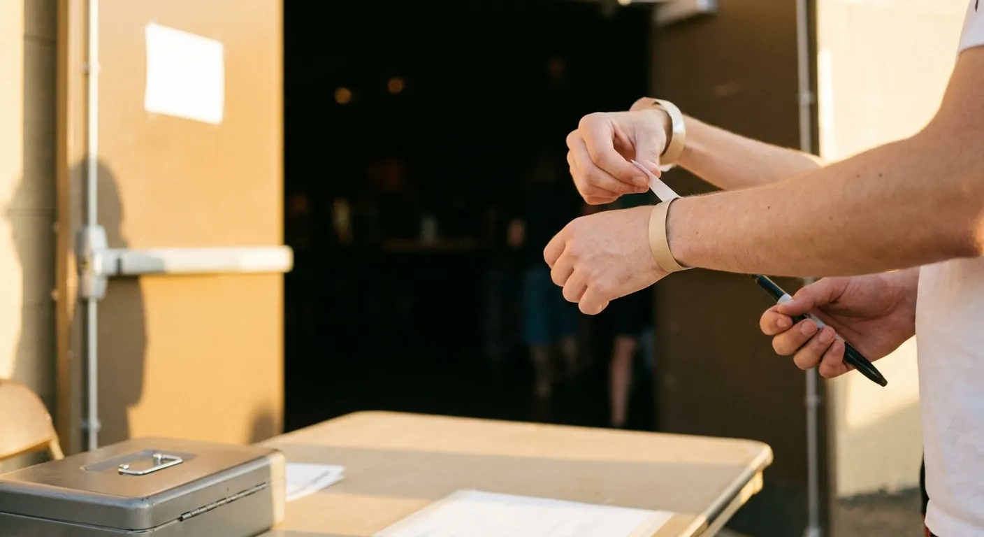 A paper wristband being fastened around a wrist at a venue door beside a folding table with a cash box just in frame