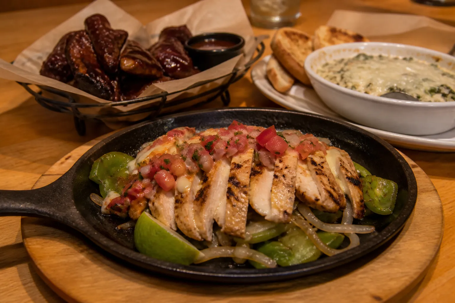 A spread of popular Applebee's dishes including lime chicken and riblets on a dining table.