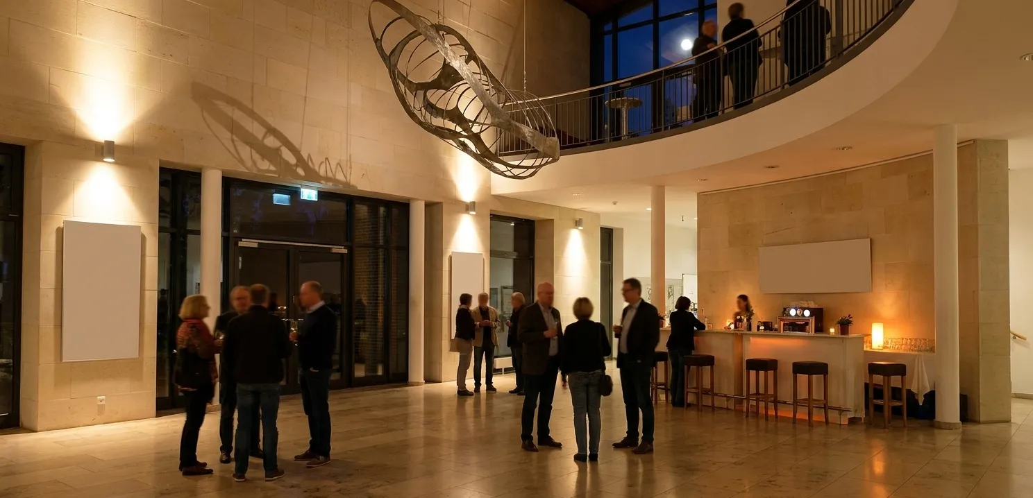 A museum atrium after dark with a sweeping balcony rail, a suspended sculptural form and warm uplighting on pale stone