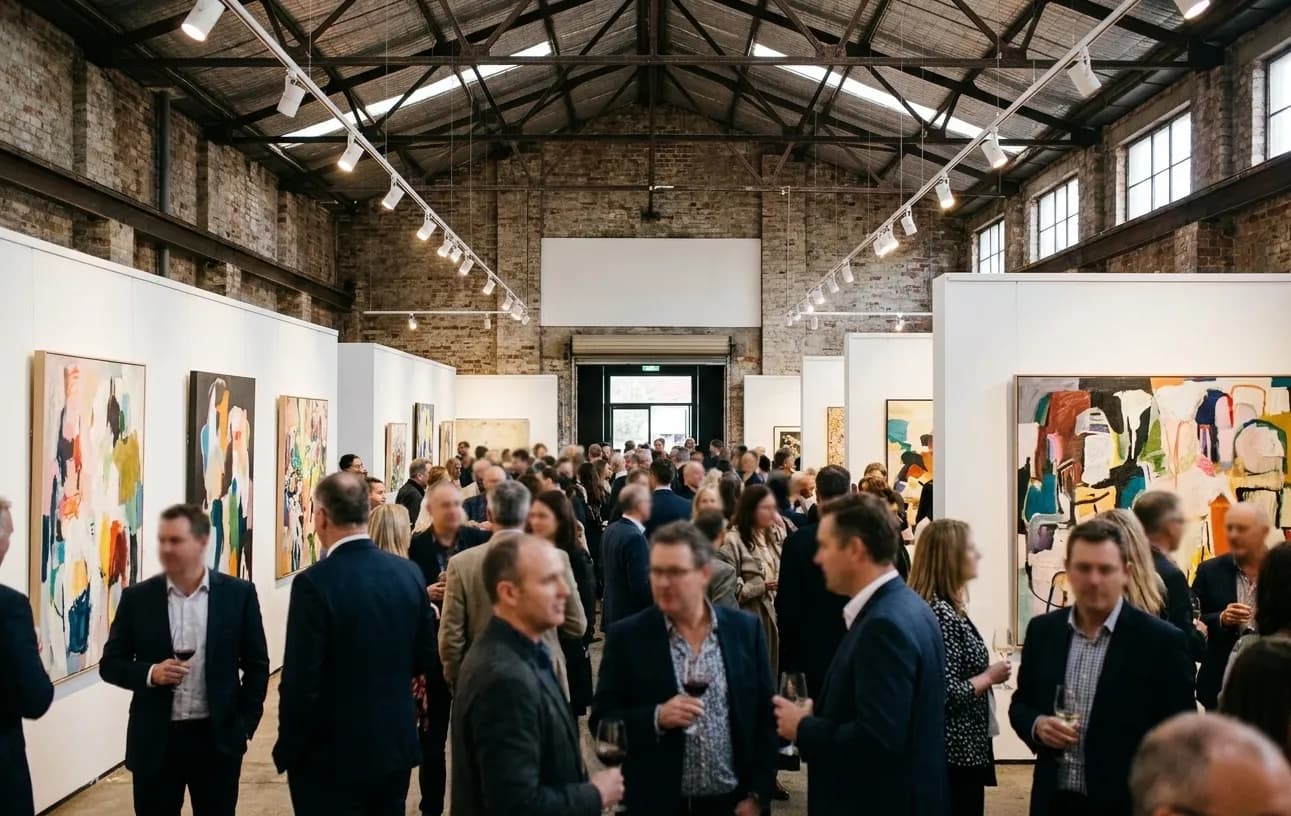 A gallery opening in a converted industrial space with exposed roof trusses, white partition walls hung with large abstract canvases and a crowd holding glasses