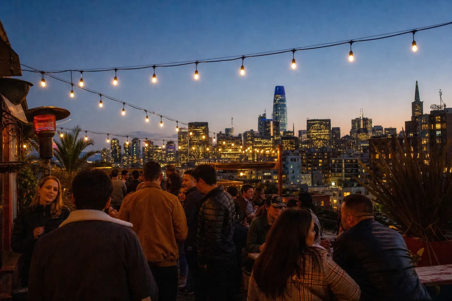 A bustling rooftop bar in the Mission District overlooking the glowing San Francisco skyline at dusk