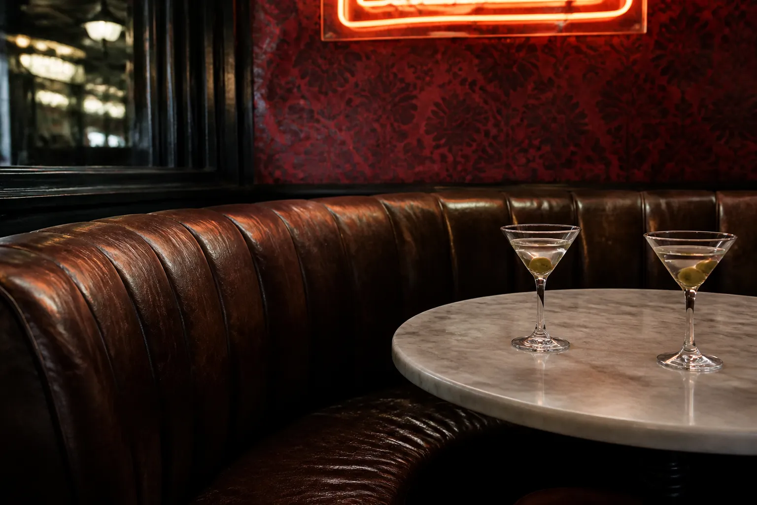 Two classic martinis on a marble table in a dimly lit red-walled bar booth