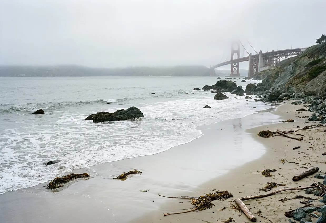 A hidden pocket beach below the Presidio bluffs in San Francisco on an overcast morning, with dark rock outcrops in the surf, driftwood along the tide line, and a rust-red suspension bridge tower half-dissolved in marine fog at the edge of the frame