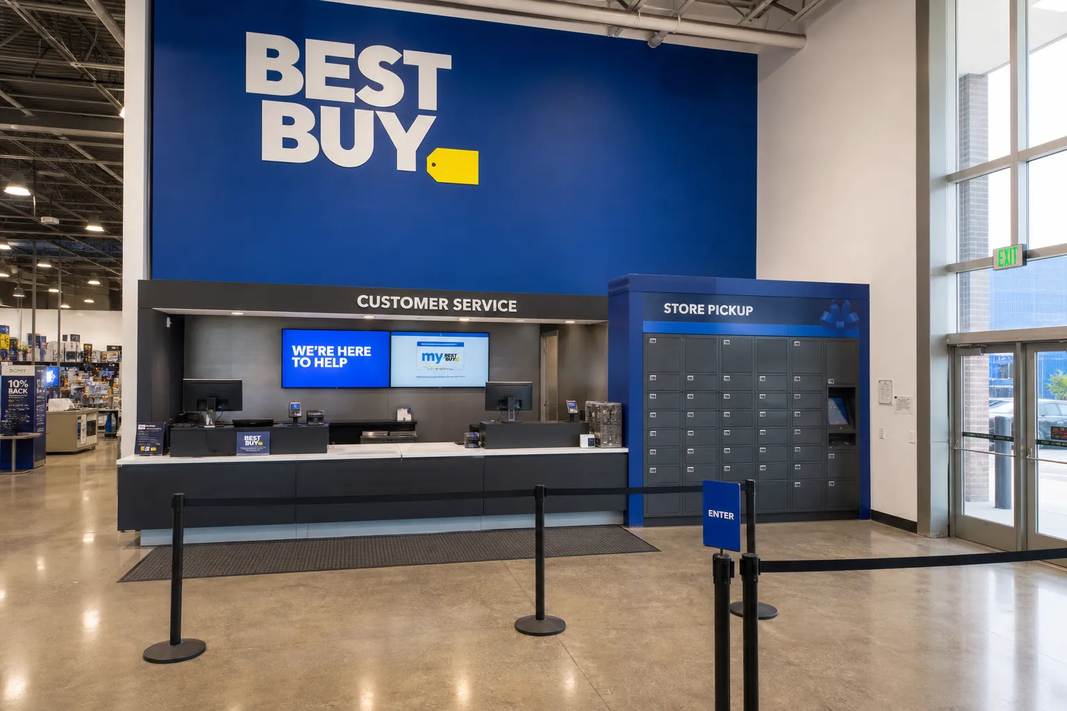 The indoor pickup lockers and customer service area inside the Harrison Street Best Buy.