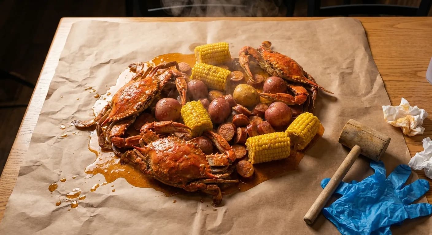A poured-out seafood boil on butcher paper with cracked crab, corn, potatoes and sausage in garlic butter beside a mallet and gloves