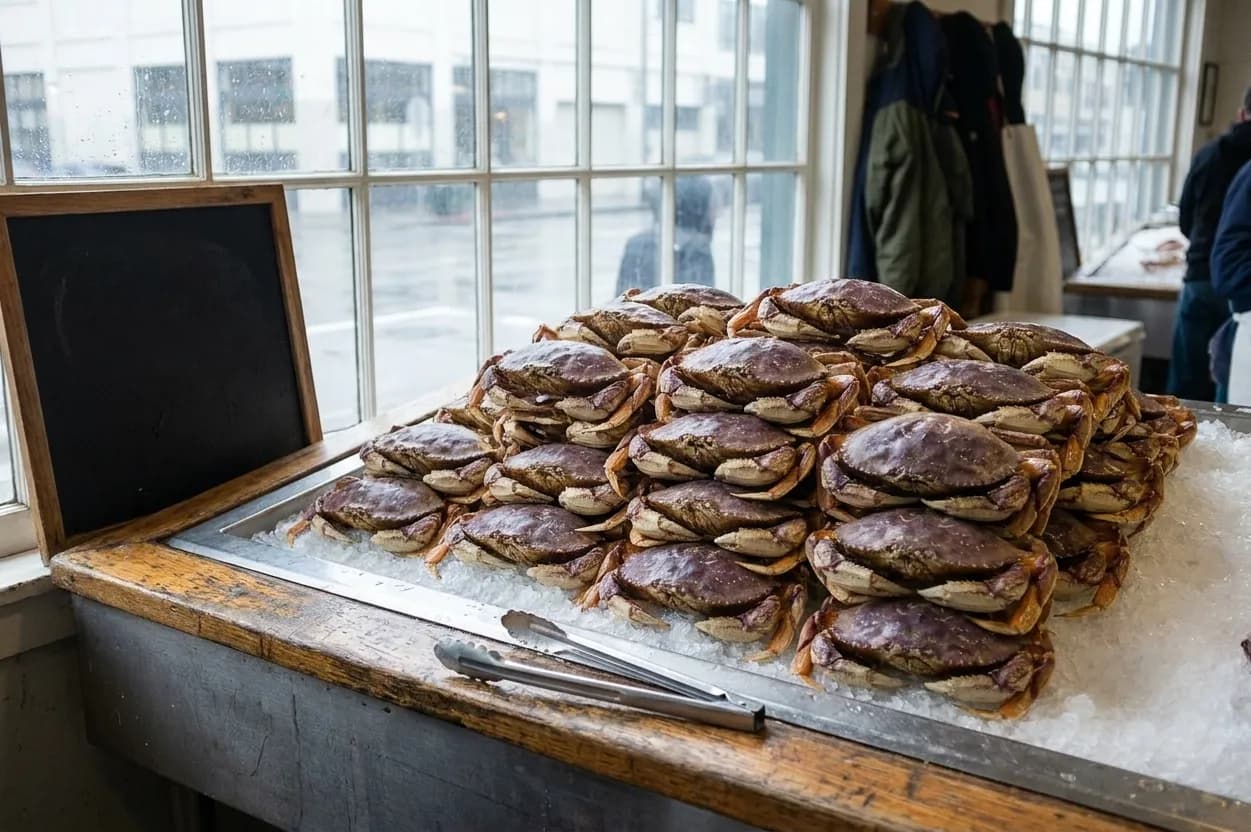 A mound of whole Dungeness crabs on crushed ice at a San Francisco counter with tongs resting on the rail and a blank price board behind