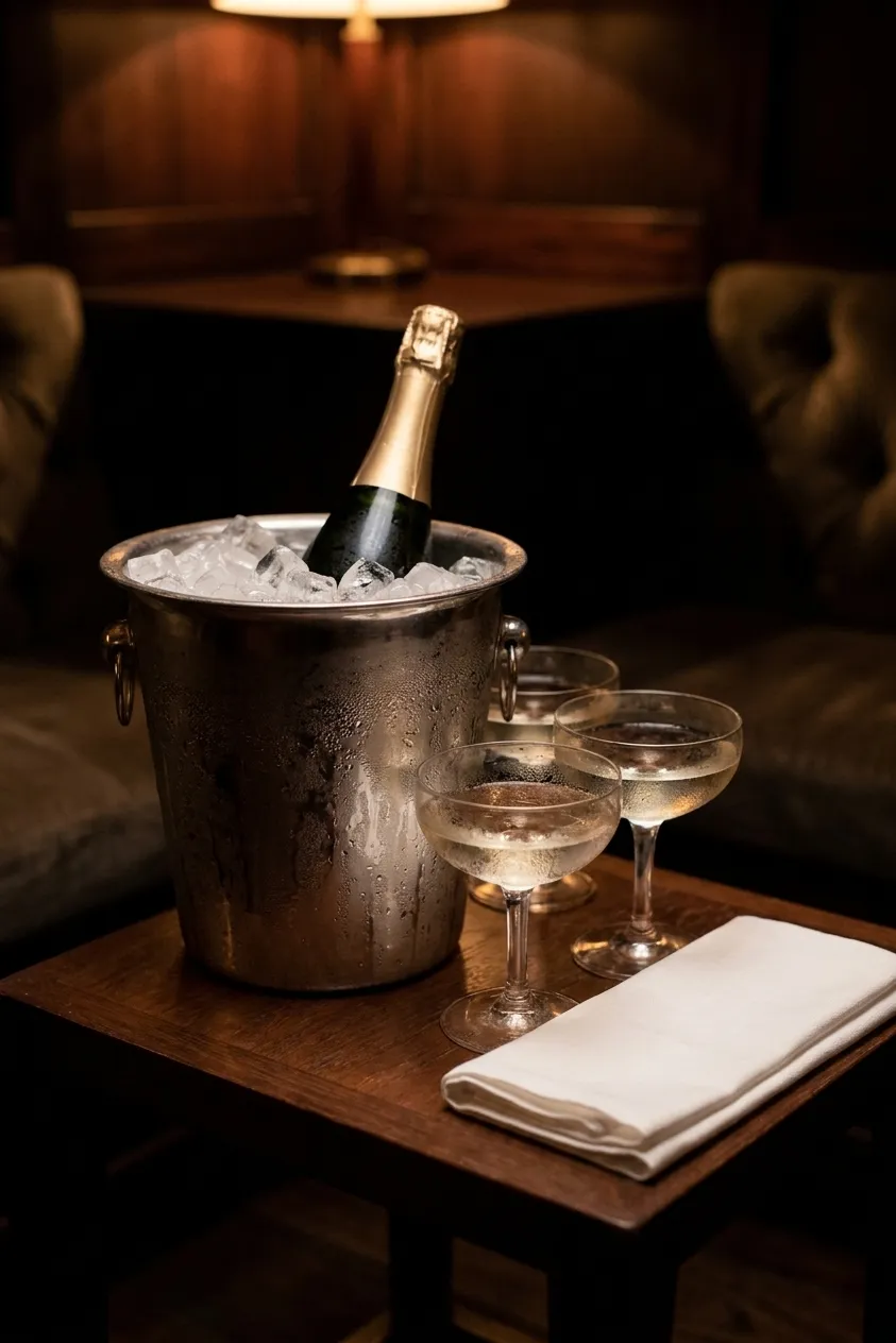 A champagne bottle in a silver ice bucket on a low table with three coupes beside it and condensation on the metal
