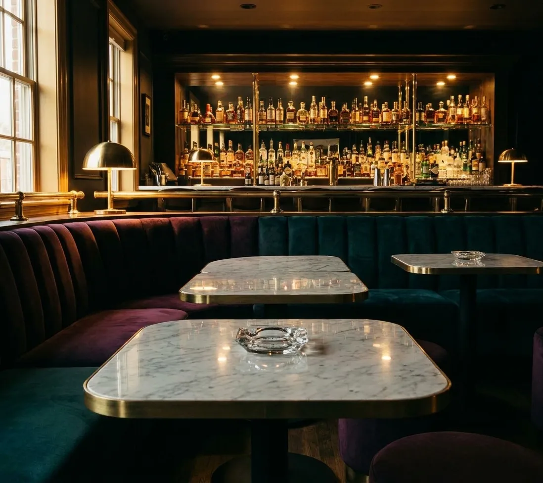 An upscale club lounge before opening with velvet banquettes around low marble tables and a mirrored back bar with bottles ranked and lit