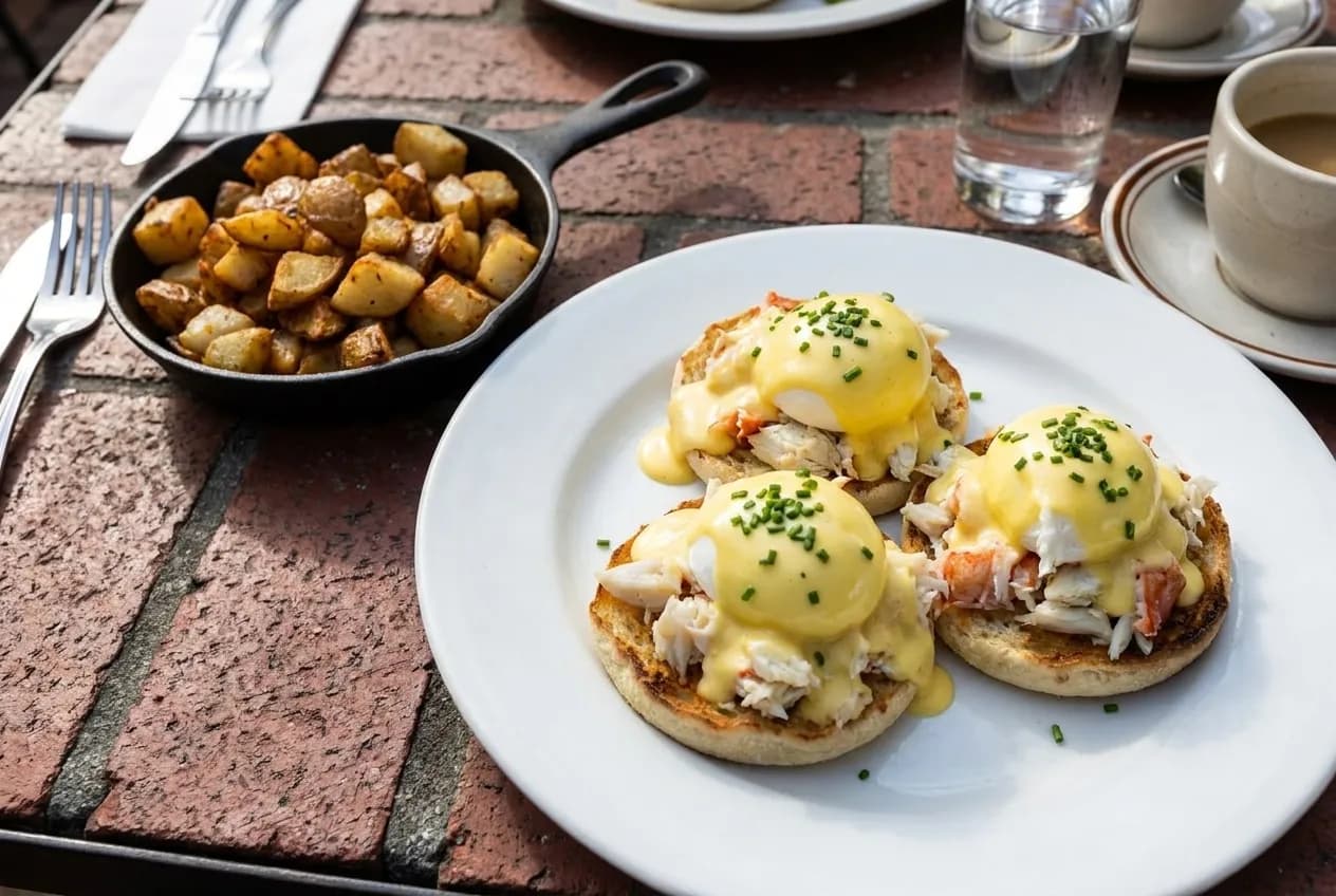 Eggs Benedict with Dungeness crab, hollandaise, and roasted garlic home fries on a brick patio table at Zazie in Cole Valley