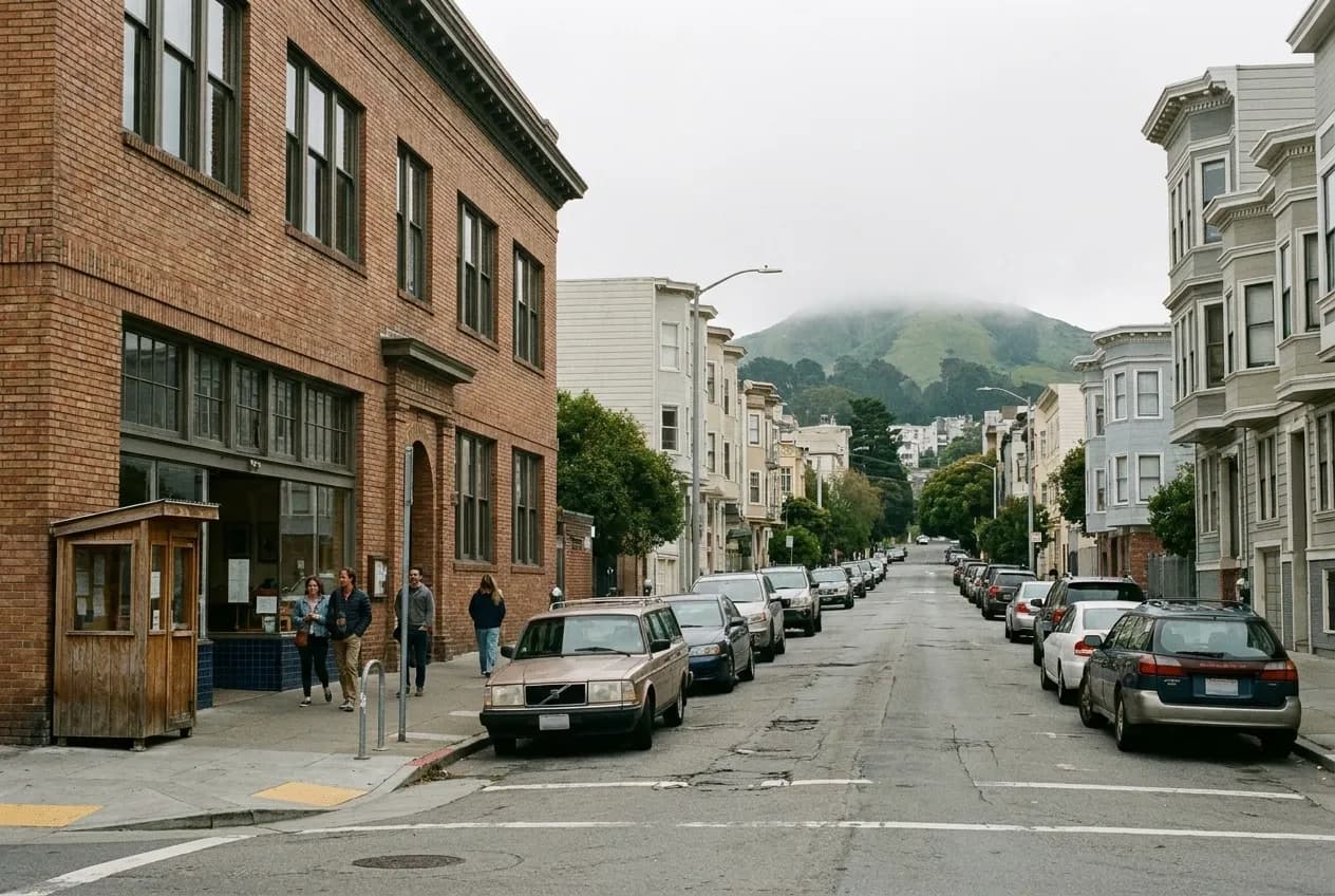 Cole Street in Cole Valley showing Zazie's historic schoolhouse building with people waiting outside and Twin Peaks in the background