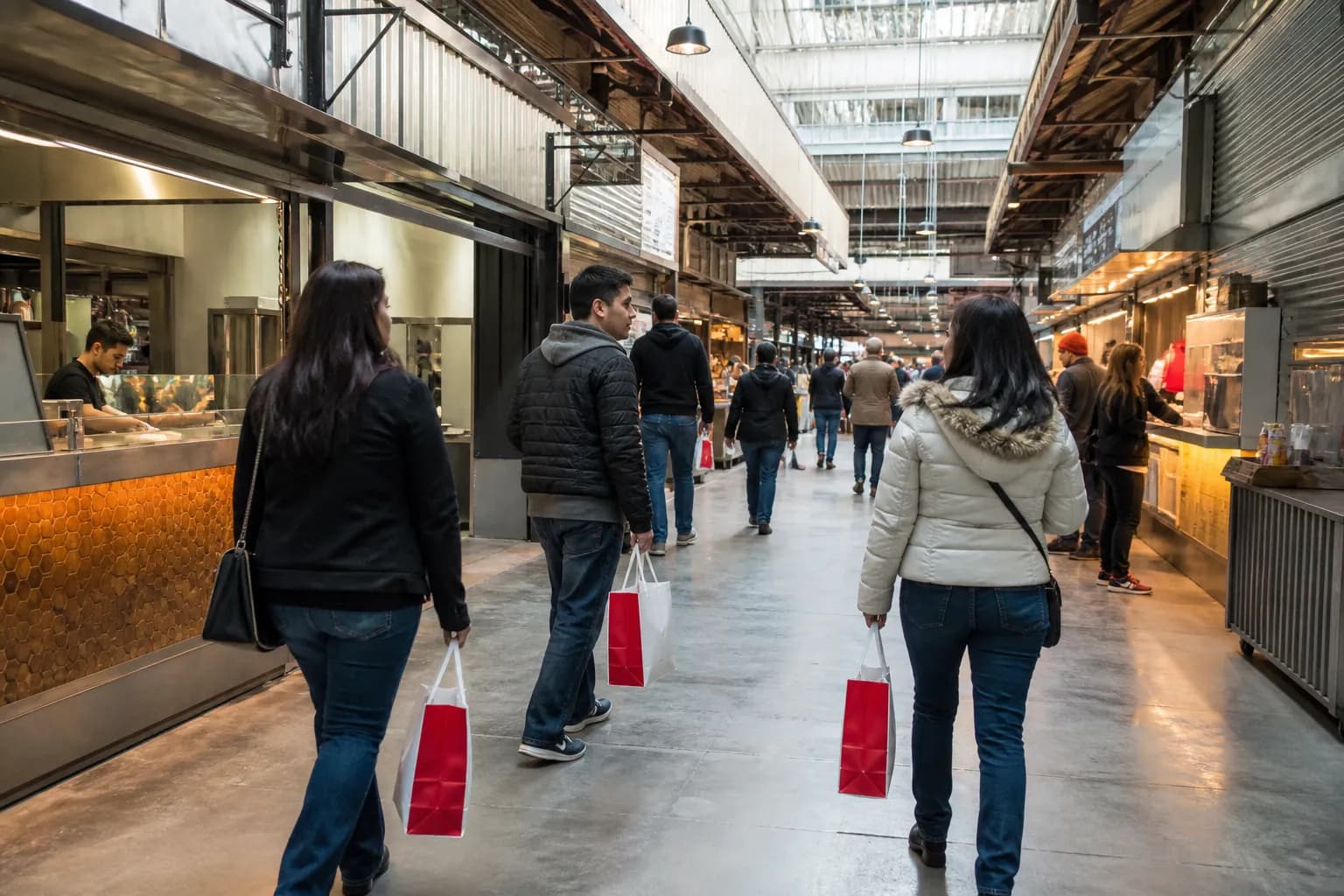A bustling modern urban food hall aisle with clean lighting, polished concrete floors, and patrons carrying fresh takeout bags in San Francisco.