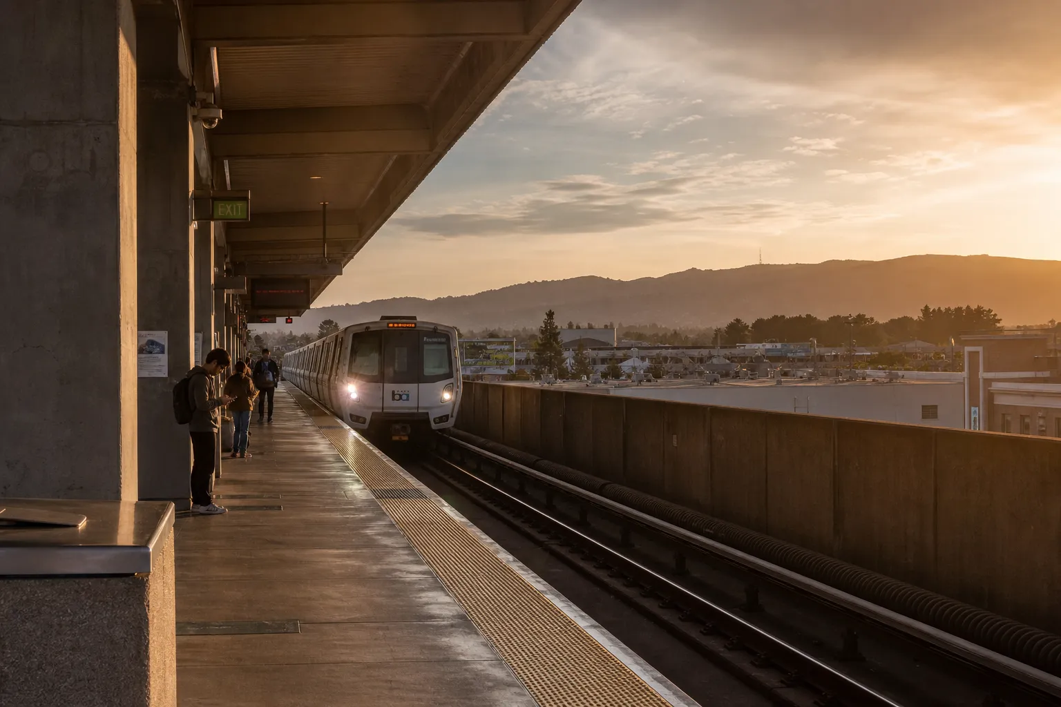 The San Francisco skyline glowing during golden hour with the Bay Bridge in the distance.