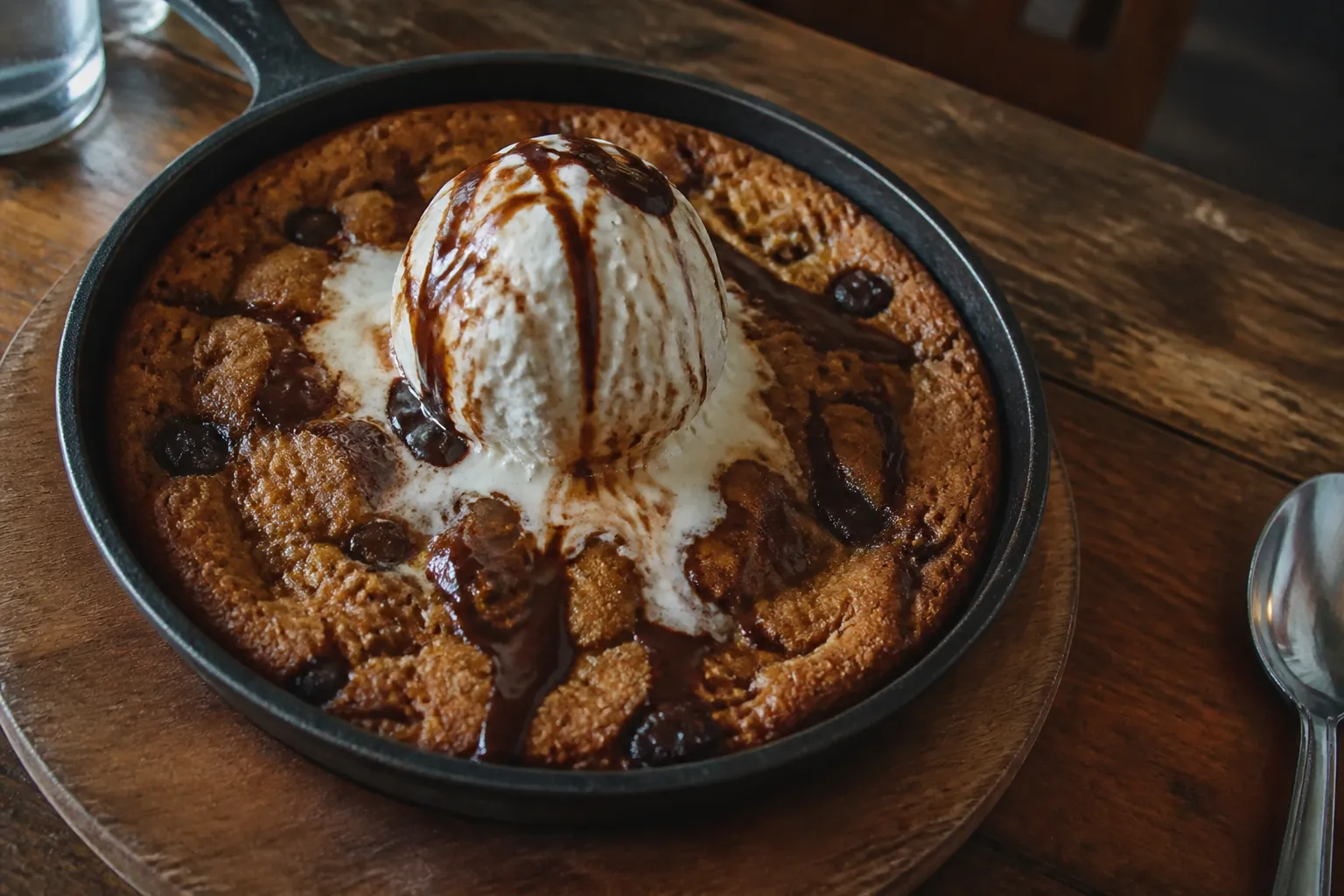A chocolate chip skillet cookie topped with vanilla ice cream and chocolate sauce.