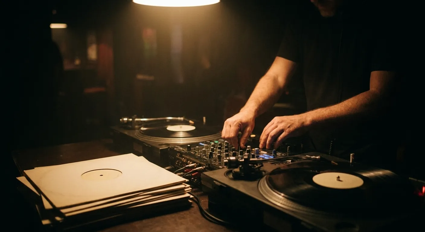 A DJ mixer and two turntables lit from above with a hand adjusting a fader and cued records stacked to one side