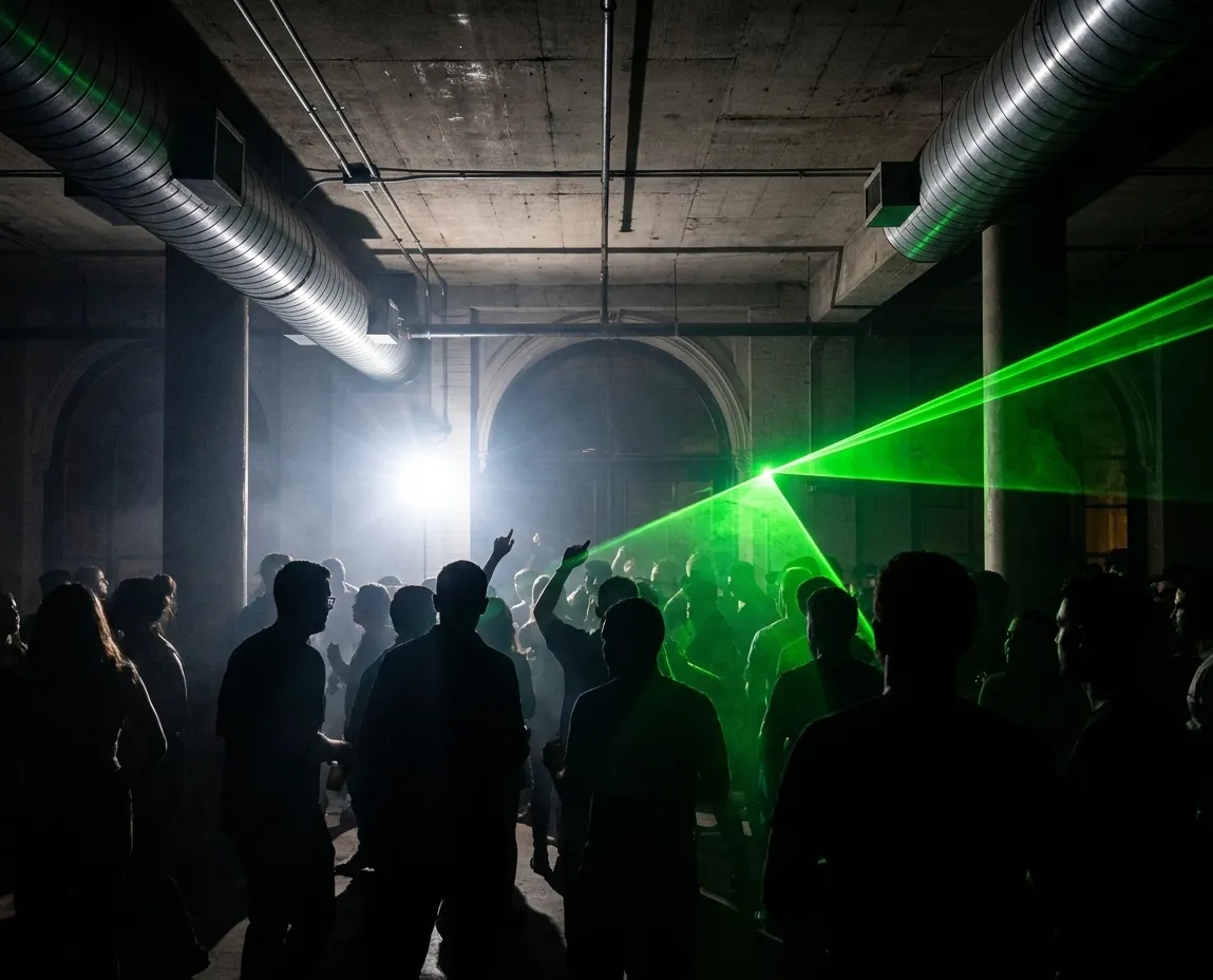 A warehouse club night with a crowd dancing under a low industrial ceiling, exposed ducting and a green laser sweeping through heavy haze
